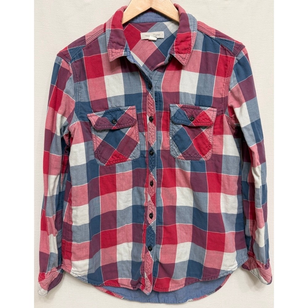 Treasure & Bond Women's Red Blue Plaid Flannel Button Up Shirt Cotton Small